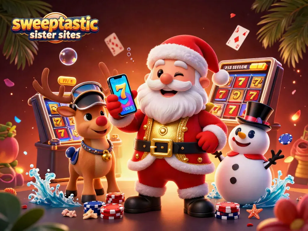 Play exciting slots with Sweeptastic sister sites, featuring Santa with jackpots and festive companions.