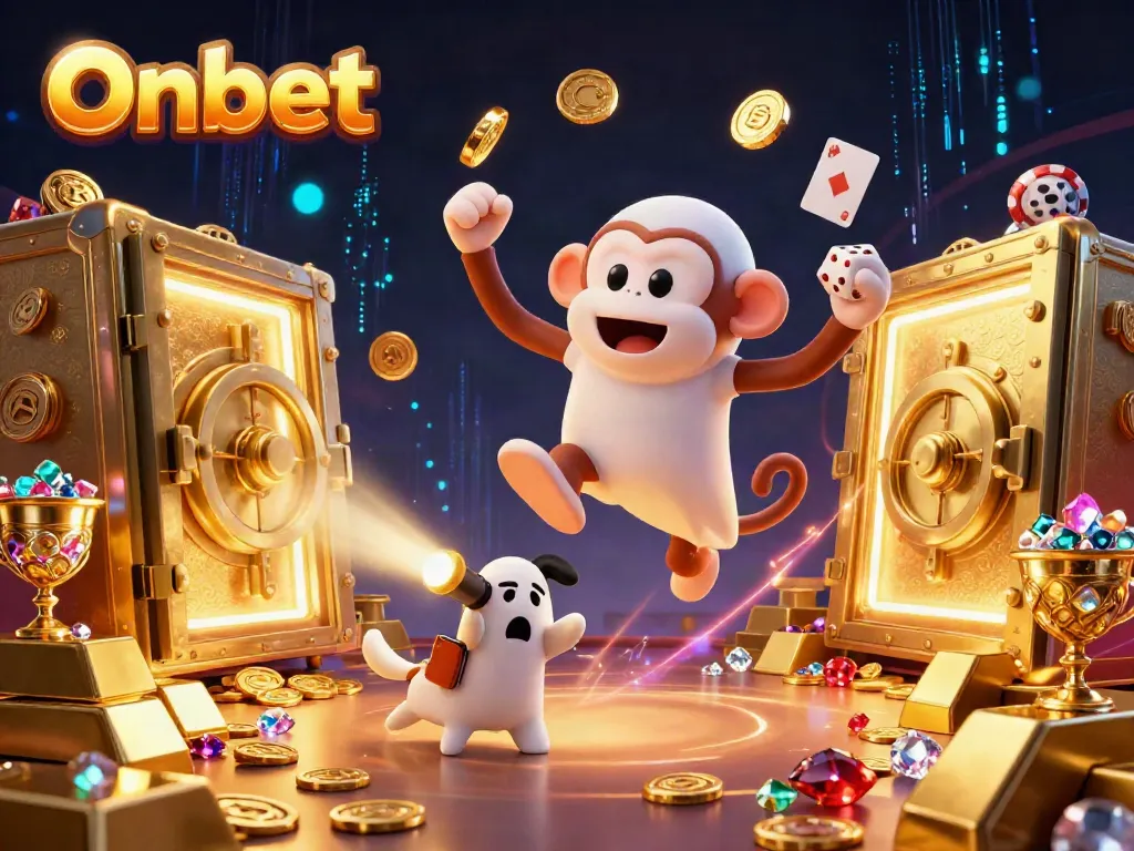 Experience the magic of Onbet with a poltergeist monkey juggling coins and a ghost-hunter puppy in a bustling casino.