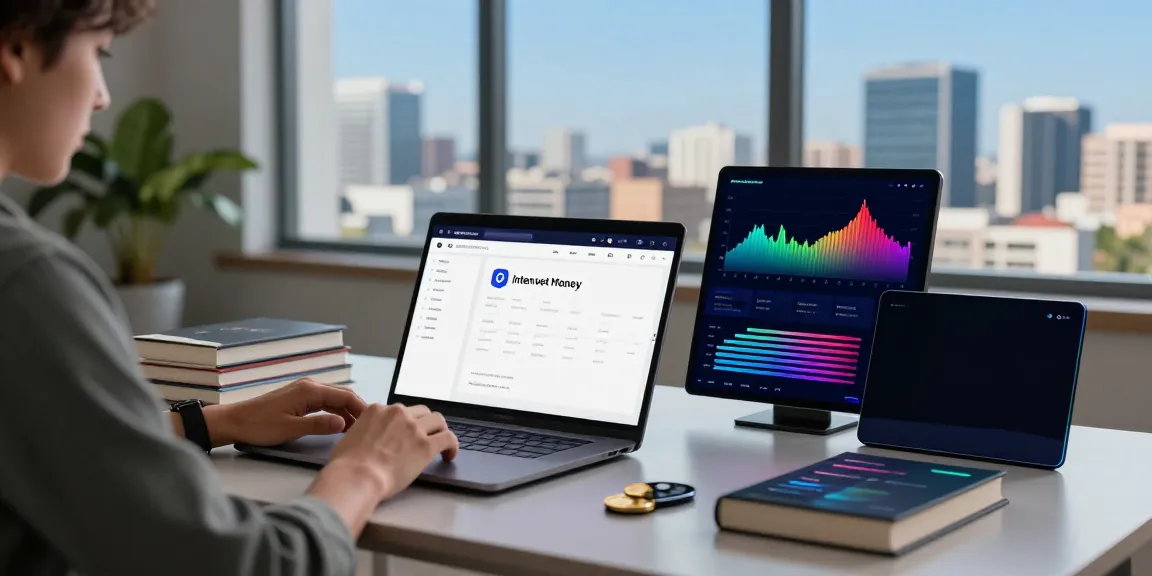 Cryptocurrency enthusiast using the Internet Money wallet at a modern workspace, showcasing digital finance tools and charts.