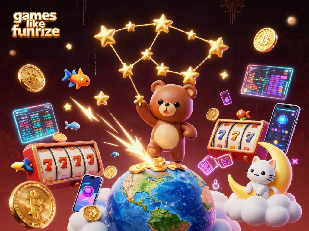 Engage in games like Funrize with vibrant slot reels and radiant crypto elements in a rich, dynamic scene.
