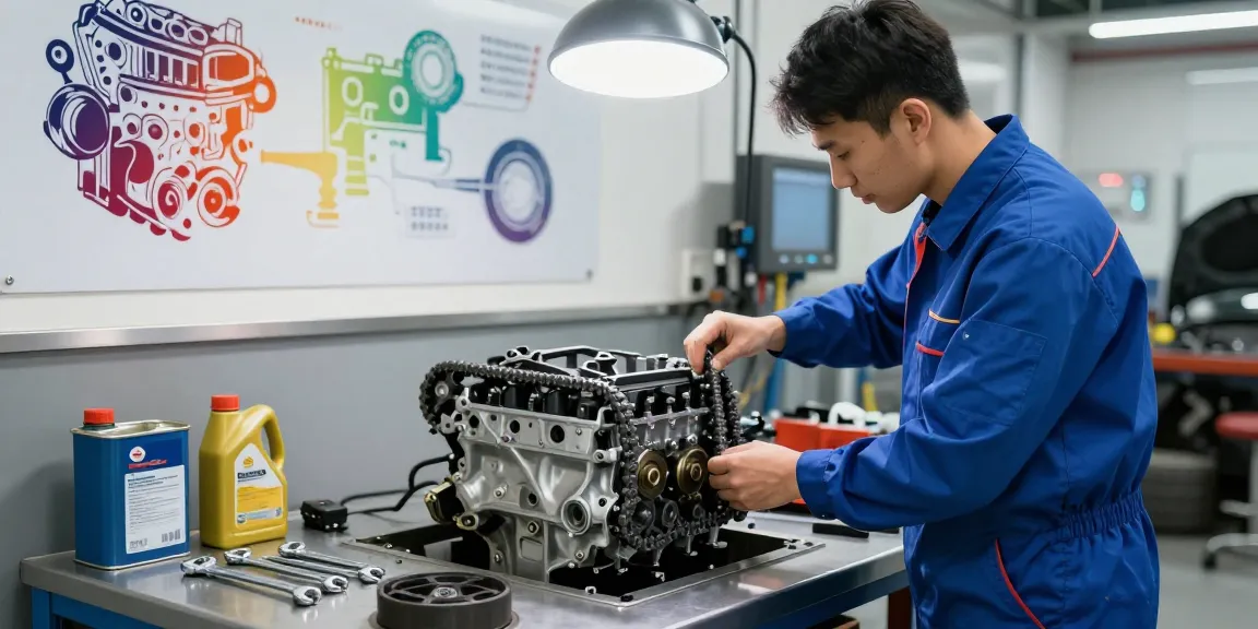 Steuerkette wechseln Hannover in einer professionellen Werkstatt, Mechaniker inspiziert den Motor.