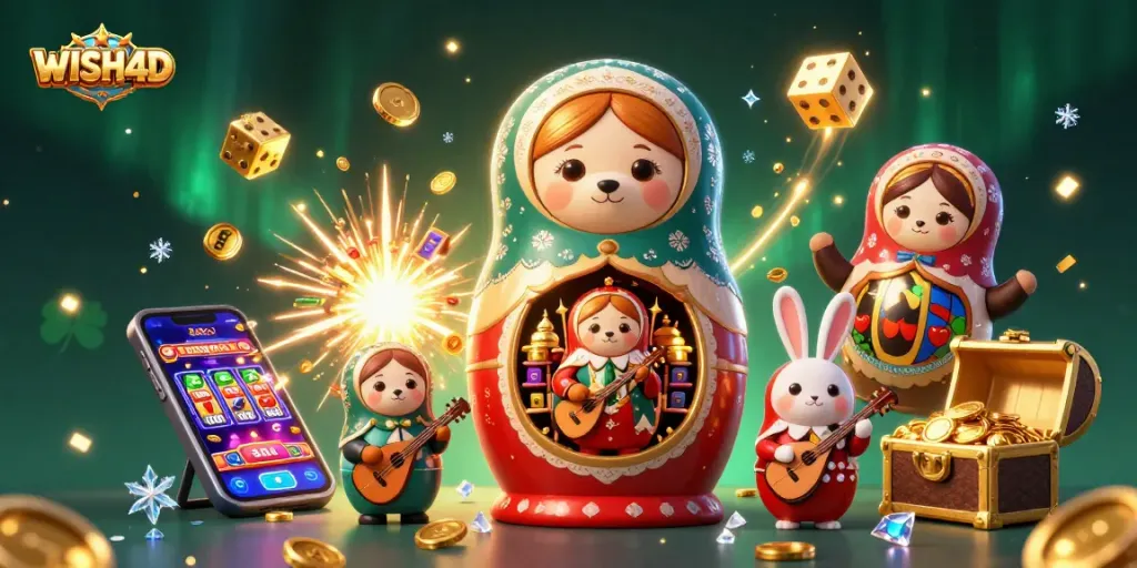 Engage in WISH4D's thrilling casino adventure with vibrant slot machines and lively characters.