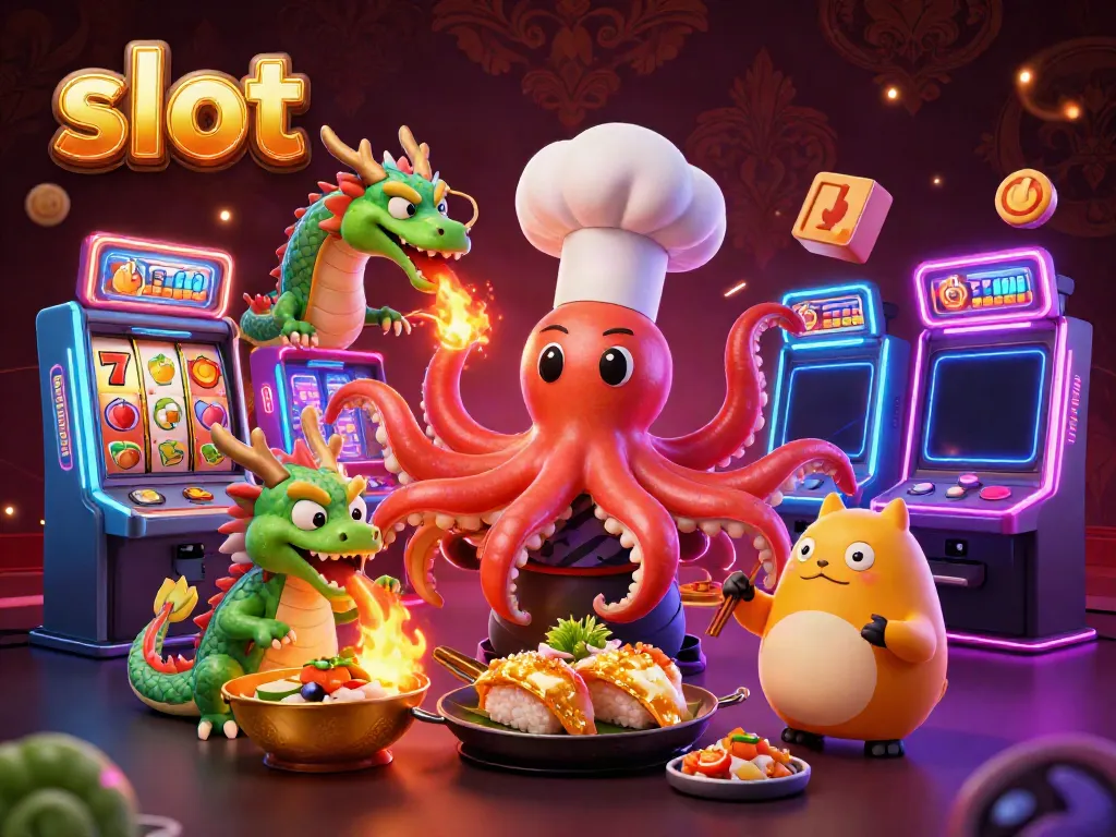 Slot dengan mesin dan simbol keberuntungan dikelilingi karakter unik dalam ilustrasi 3D.
