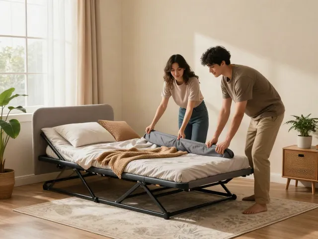 Price of folding bed displayed in an inviting bedroom setup with a couple assembling modern decor.