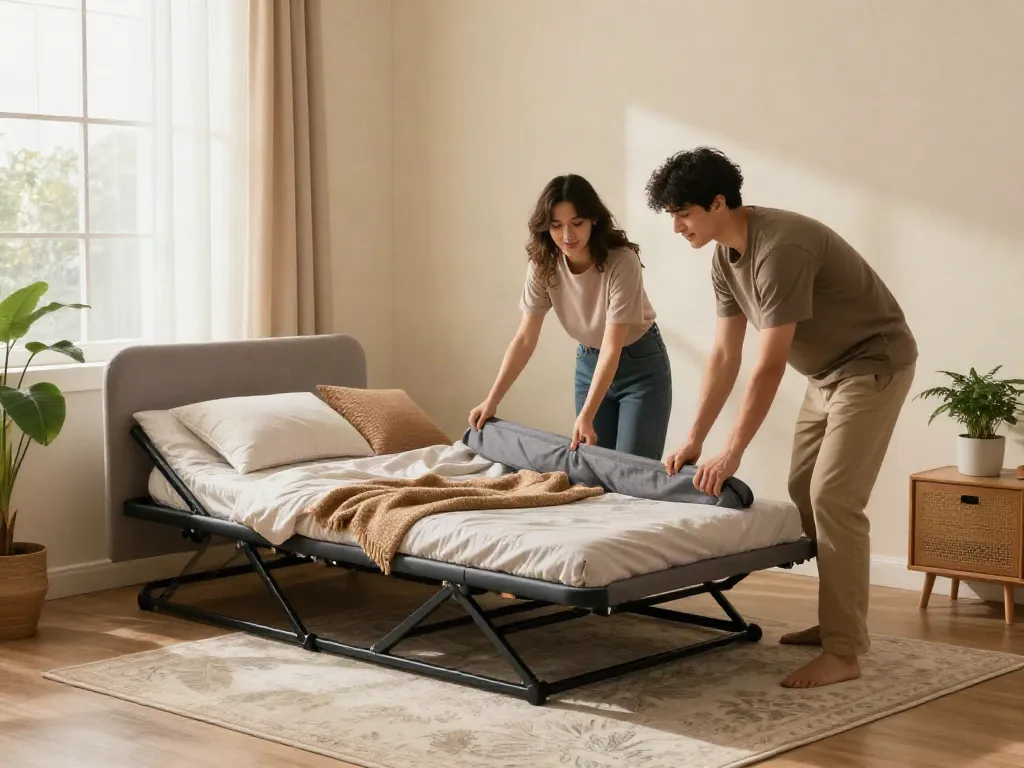 Price of folding bed displayed in an inviting bedroom setup with a couple assembling modern decor.