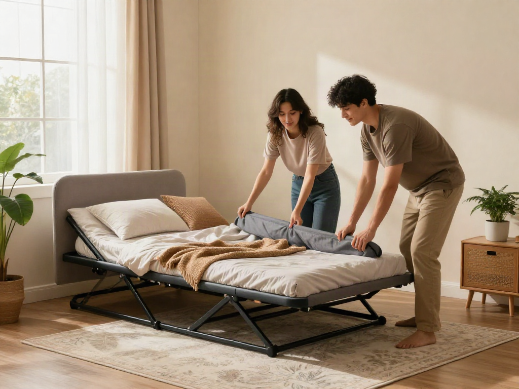Price of folding bed displayed in an inviting bedroom setup with a couple assembling modern decor.