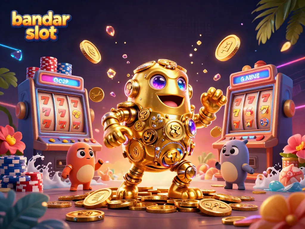 Engage with bandar slot games featuring a golden golem and vibrant casino elements.