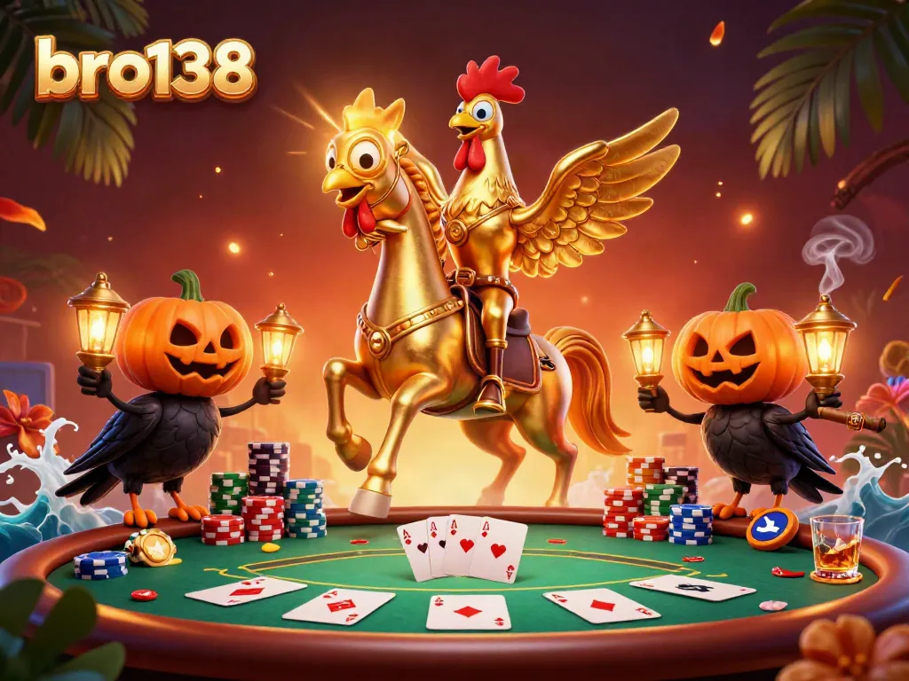 Experience the excitement of bro138 with a dazzling casino scene featuring a golden rooster and dynamic gambling elements.