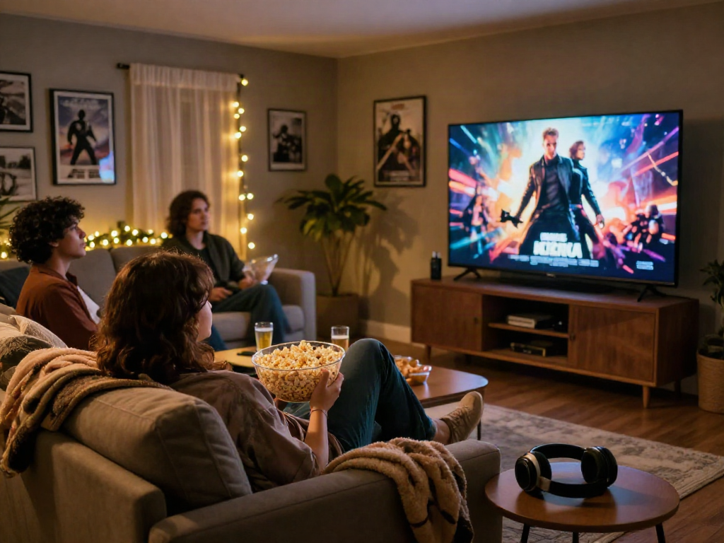Enjoying a moviebox experience in a cozy home theater with friends and snacks.