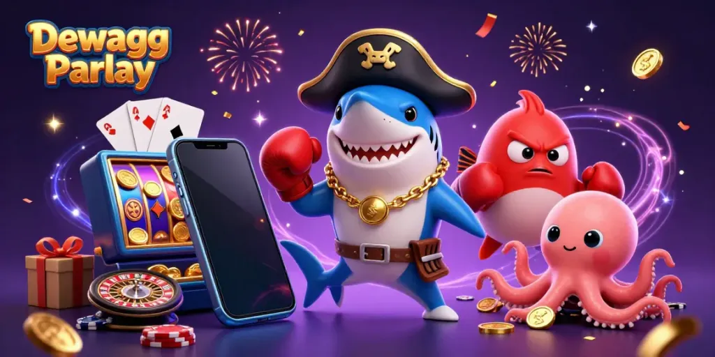 Engaging scene of Dewagg Parlay showcasing a vibrant cartoon pirate shark and friends with lively slot game elements.