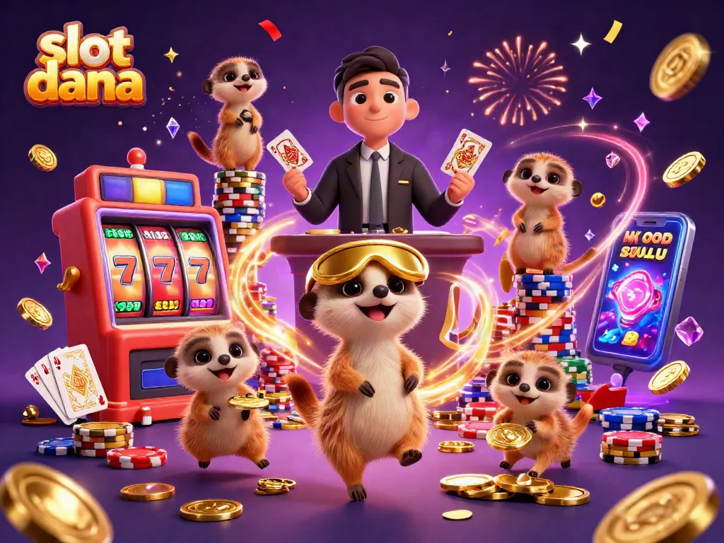 Spin to win with slot dana amid a vibrant scene of cartoon meerkats in a casino!