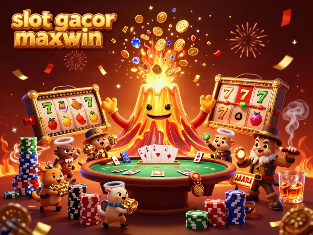 Engage with the vibrant scene of slot gacor maxwin where animated treasures erupt from a golden volcano as cartoon animals flee with riches.
